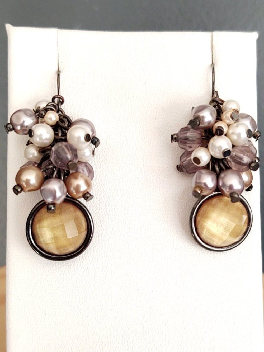 Pale yellow, faux pearl, gray and beige beaded earrings